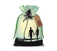 S Christmas Sacks Bag Pouches - Married Couple Walking on The Beach Print Goody Wrapping Treat Gift Pouch for Birthdays, Weddings