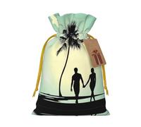 S Christmas Sacks Bag Pouches - Married Couple Walking on The Beach Print Goody Wrapping Treat Gift Pouch for Birthdays, Weddings