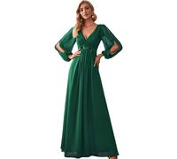 (S, Dark Green) Women's Elegant A-Line Deep V-Neck Appliques Pleated Long Sleeve Bridesmaid Dress