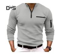 (S, grey) Fall Spring Men Shirt Zippered Half-open Stand Collar Solid Color Formal Business Style Stretchy Office Meeting Daily Top