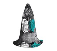 S Halloween Hooded Cape – Unisex Adult Black White Teal Gray Rose Flowers Print Costume Cape – Perfect for Cosplay, Party, Carnival