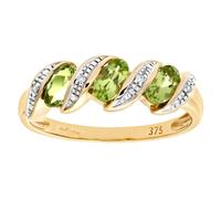 (S) Jewelco London 9ct Gold Round 2pts Diamond Oval 0.74ct Peridot Wavy Ribbon Pod Trilogy Cocktail Ring 2mm - PR0AXL6270YPD