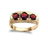 (S) Jewelco London Men's Solid 9ct Yellow Gold Round Brilliant Garnet 3 Stone Trilogy Carved Gypsy Ring - JRN216