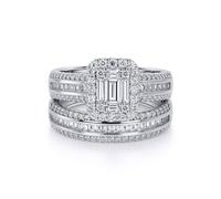 Jewelco London Sterling Silver Round & Baguette CZ Shoulder-set 3-Row Solitaire-style Wedfit Bridal Rings Set - Size S