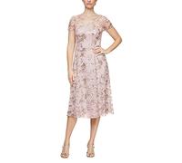 S.L. Fashions Women's Cap Sleeve Tea Length Cocktail Dress with Illusion Neckline, Wedding Guest (Petite and Regular Sizes), New Blush, 20
