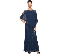 S.L. Fashions Women's Long Length Sequin Lace Beaded Capelet Dress, Formal Evening Gown, (Petite and Regular Sizes), New Navy Capelet, 10