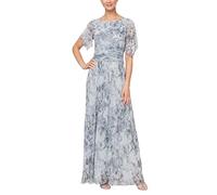 S.L. Fashions Women's Long Printed Dress with Ruched Waist and Cold Shoulder Sleeves (Petite and Regular), Silver Multi, 22