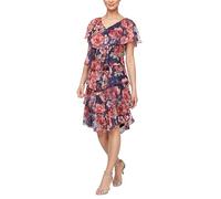 S.L. Fashions Women's Short Sleeve Floral Tiered Chiffon Special Occasion, Wedding Guest Dress, Plum/Multi, 22