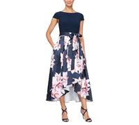 S.L. Fashions Women's Stretch Jersey Cap Sleeve Floral Hi-lo Dress with Tie Belt Special Occasion, Navy Light Pink, 16/Petite