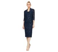 S.L. Fashions Women's Tea Length Sequin Lace Mother of The Bride Dress with Illusion Sleeve Jacket (Plus Size), Navy, 24