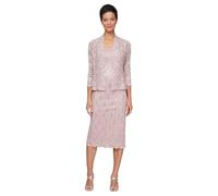 S.L. Fashions Women's Tea Length Sequin Lace Mother of The Bride Dress with Illusion Sleeve Jacket (Plus Size) Special Occasion Dress (Pack of 2)