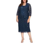 S.L. Fashions Women's Tea Length Sequin Lace Special Occasion Dress with Illusion Sleeve Jacket (Petite and Regular Sizes), Navy, 10