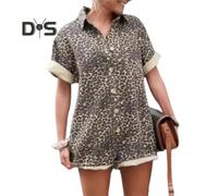 (S Leopard Print, as the picture) Women Summer Romper Leopard Print Short Sleeves Turn-down Collar Short Sleeves Single-breasted Loose Vacation Style Short Romper