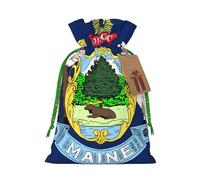 S Linen Christmas Wrap Gift Bags, Maine State Flag Print Drawstring Gift Bags, for Xmas Thanksgiving, Present Decor