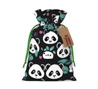 S Linen Christmas Wrap Gift Bags, Panda cute face Print Drawstring Gift Bags, for Xmas Thanksgiving, Present Decor