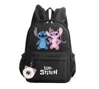 S&M Fashion Cute Stitch Multi-pocket Backpack, Polyester Stitching Cartoon Theme Bags Lightweight Casual Daypack for Teens Girls Black