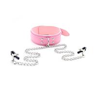 s & m Fetish Bondage Body Necklace with Nipple Clamps PU Leather Orgasm Gay's Wiftly Collars Mechanism Adjustable Bondage Set, pink