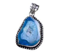 S M Gift Shop Blue Geode Agate Slice Pendant, Silver-Tone Beaded Setting, Teardrop Shape, Crystal Druzy Stone Necklace Charm