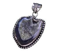 S M Gift Shop Dragon Vein Agate Slice Pendant, Sterling Silver Beaded Bezel Setting, Shield Shape, Boho Style