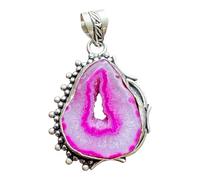 S M Gift Shop Pink Agate Geode Slice Pendant, Silver-Tone Bali Style Setting with Bead Detail