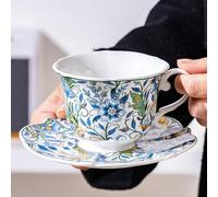 S-MAN Ceramic teacups and Saucers with Blue Vintage Flower Pattern,8.45 oz/260ml Party Coffee Mug Set & Tea Cups Colorful Flowers