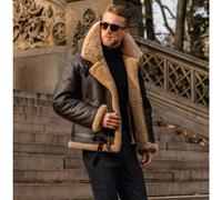 (S) Men's Camel Stylish Flying Leather Jacket,slim Fit Shearling Aviator Bomber Jack