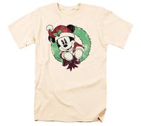 (S, Natural) Disney Mens Mickey Mouse Vintage Wreath Christmas T-Shirt