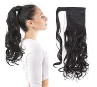 S-noilite 17" Clip in Hair Extensions Wrap around Ponytail Long Curly Wavy Hairpiece (17 inches, Natural Black)