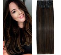 S-Noilite 22 Inches Long Straight Hair Extensions Clip in Full Head 12PCS Hair Extensions Clip on Synthetic Fiber Hairpieces for Women - Dark Brown mix Light Auburn