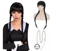 S-noilite Black Braided Wig 25 inch Long Straight Pigtails Braid Wig With Bangs Necklace Earrings Cosplay Halloween Costume Wigs for Women
