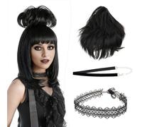 S-noilite Black Gothic Bride Wig,16 inch Long Cosplay Wig With Hair Bun Necklace for Women Halloween Party Costume Fancy Dress
