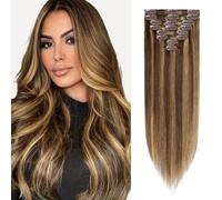 S-noilite Clip in Hair Extensions 8pcs Real Human Hair Remy Hair Pieces Clips on Straight Highlight Basic Long Natural (14inch 60g, 4 Medium Brown with 27 Dark Blonde)