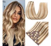 S-noilite Clip in Hair Extensions Real Human Hair,5Pcs Remy Natural Hair Extension Double Weft Seamless Clip in Hair Extensions Full Head for Women- #12/613 Golden Brown Mix Bleach Blonde-16 Inch(60g)