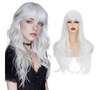 S-noilite Costume Wigs Layered Wavy Hair 24 inch Long Heat Resistant Cosplay Full Wig With Bangs Fringe for Women Party Halloween Fancy Dress,White