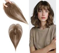 S-noilite Hair Toppers for Women Human Hair with Air Bangs - 7x11cm Hand-stitched Base 360° 3D Coverage Natural 14g (Medium Brown #4)