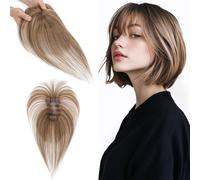 S-noilite Hair Toppers for Women Human Hair with Air Bangs - 7x11cm Hand-stitched Base 360° 3D Coverage Natural 14g (Medium Brown/Dark Blonde #4/27)