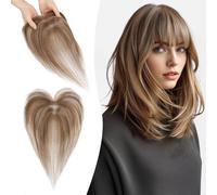 S-noilite Hair Toppers for Women Human Hair with Air Bangs - 9x12cm T-Sharp Hand-stitched Base 360° 3D Coverage Natural 13g (Medium Brown/Dark Blonde #4/27)