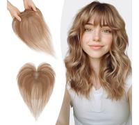 S-noilite Hair Toppers for Women Human Hair with Air Bangs - 9x12cm T-Sharp Hand-stitched Base 360° 3D Coverage Natural 13g （Light Brown #6)