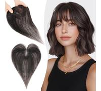 S-noilite Hair Toppers for Women Human Hair with Air Bangs - 9x12cm T-Sharp Hand-stitched Base 360° 3D Coverage Natural 13g (Natural Black #1B)