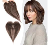 S-noilite Hair Toppers for Women Human Hair with Air Bangs - 9x12cm T-Sharp Hand-stitched Base 360° 3D Coverage Natural 13g (Dark Brown #2)