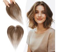 S-noilite Hair Toppers for Women Human Hair with Side Bangs - 9x12cm T-Sharp Hand-stitched Base 360° 3D Coverage Natural 13g （Medium Brown #4)