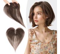 S-noilite Hair Toppers for Women Human Hair with Side Bangs - 9x12cm T-Sharp Hand-stitched Base 360° 3D Coverage Natural 13g （Dark Brown #2)
