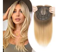S-noilite Hair Toppers for Women with Thinning Hair 14 Inch Toppers Hair Pieces Women Wiglets with Fringe Bangs 6"x6" Lace Base Clip in Synthetic Hairpieces,Straight Brown Mixed Golden Blonde