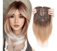 S-noilite Hair Toppers for Women with Thinning Hair 14 Inch Toppers Hair Pieces Women Wiglets with Fringe Bangs 6"x6" Lace Base Clip in Synthetic Hairpieces,Straight Brown Mixed Blonde to White Root