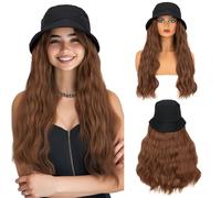 S-noilite Hat Wig for Women, Bucket Hat Wig with 18 inch Long Curly Wave Hairstyle Synthetic Hair Extensions, Sun Hat Foldable Fisherman Cap Wigs for All Seasons Daily Casual,Light Brown