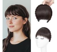 S-noilite Headband with Bangs, Front Hair Bangs Wigs Headband, Synthetic Braided Headband Wig with Bangs Fringe Hair Extensions Hairpiece for Women Girls - Medium Brown