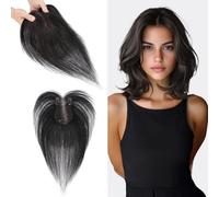 S-noilite Human Hair Toppers for Women uk - 7x11cm Hand-stitched Base 360° 3D Coverage Topper with Side Bangs for thinning hair 14g (Natural Black #1B)