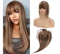 S-noilite Human Hair Toppers With Bang for Thinning Hair Women Real 130% Density Hair Topper Clip In Hair Extensions 100% Remy Real Human Hair 30g(#4/27 Medium Green Brown/Blonde, 8 Inch)