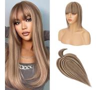S-noilite Human Hair Toppers With Bang for Thinning Hair Women Real Hair Topper Clip In Hair Extensions 100% Remy Real Human Hair 38g(#4/27-1 Medium Green Brown/Blonde, 12 Inch)
