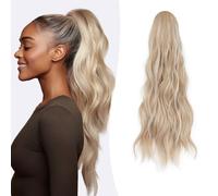 S-noilite Long Drawstring Ponytail Thick Big Wavy Wave Pony Tail Hairpieces 26 inch Synthetic Clip in Hair Extension for Women Girl Daily Use - Blonde White Highlight